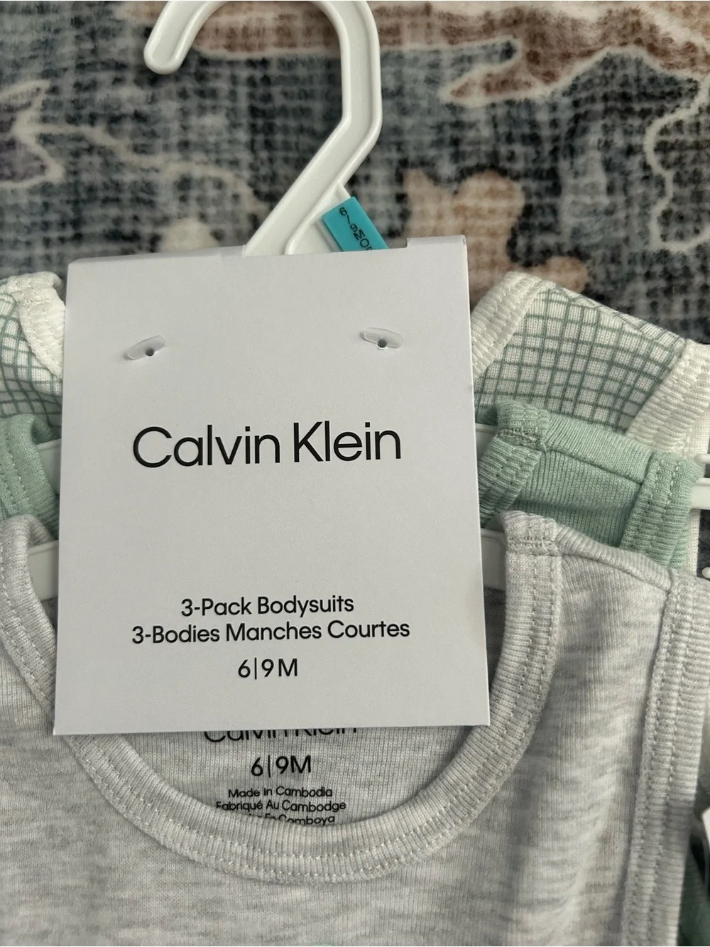 ✅ Calvin Klein Baby 3-Pack Bodysuits 6-9M NWT Gray Mint Check CK Logo